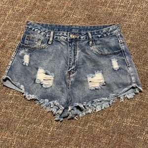 SHEIN Blue Distressed Fringed Hem Denim Jean Shorts women’s L 31